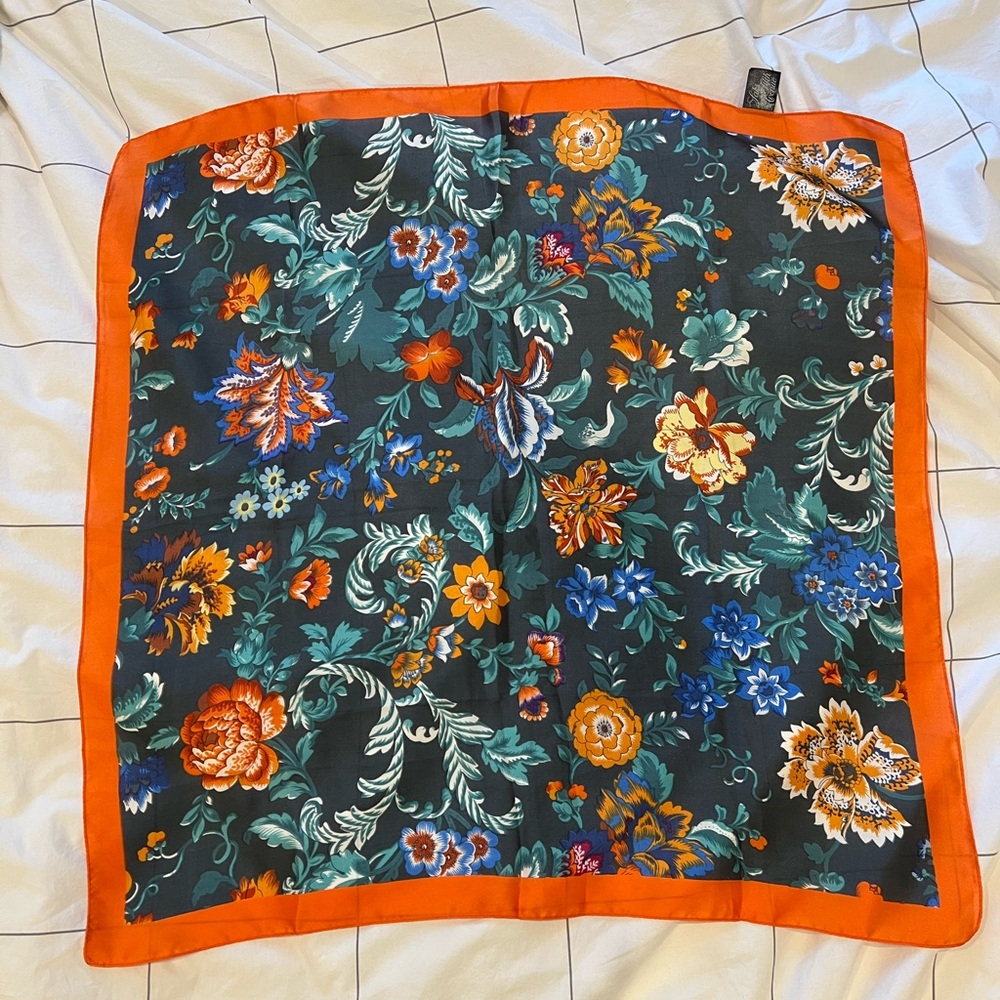 Saks Fifth Avenue Floral Scarf with Orange Trim